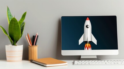 Modern Workspace with Digital Rocket Mockup Inspiring Innovative Startup Ideas