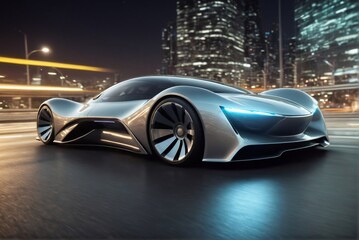 Naklejka premium Futuristic cyber car running in a city at night with copy space, super speed, motion blur.