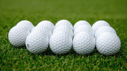 Closeup of golf balls lined up on green grass, showcasing their textured surface and uniformity. arrangement creates visually appealing pattern, perfect for golf enthusiasts