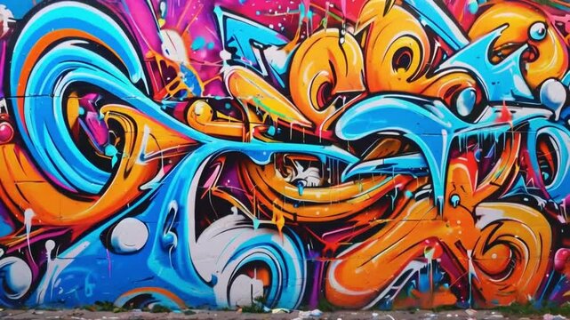 Vibrant Graffiti Art in Blue, Orange, and Purple on a Large Wall 4K