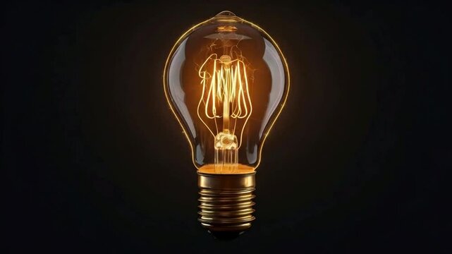 Vintage Incandescent Light Bulb Glowing Against Black Background &ndash; Warm Filament Structure Highlighted &ndash; Themes of Ideas, Innovation, and Nostalgia &ndash; 4K.