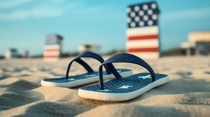 Blue flip-flops with star patterns on sand, with patriotic-themed lifeguard towers in the background under a clear blue sky