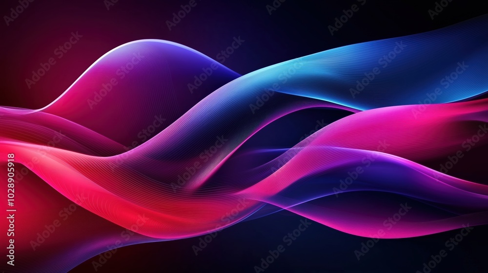Poster Colorful abstract waves in pink, blue, and magenta on a dark purple background. Gradient red and sky-blue tones flow across a high-resolution vector design, creating a vibrant and dynamic visual with 