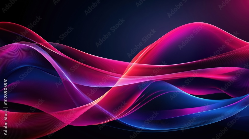 Poster Colorful abstract waves in pink, blue, and magenta on a dark purple background. Gradient red and sky-blue tones flow across a high-resolution vector design, creating a vibrant and dynamic visual with 