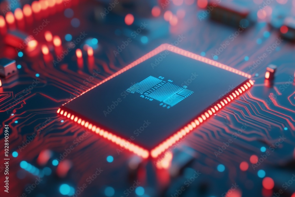 Poster circuit board closeup of a digital microprocessor. main central processing unit chip with data signa