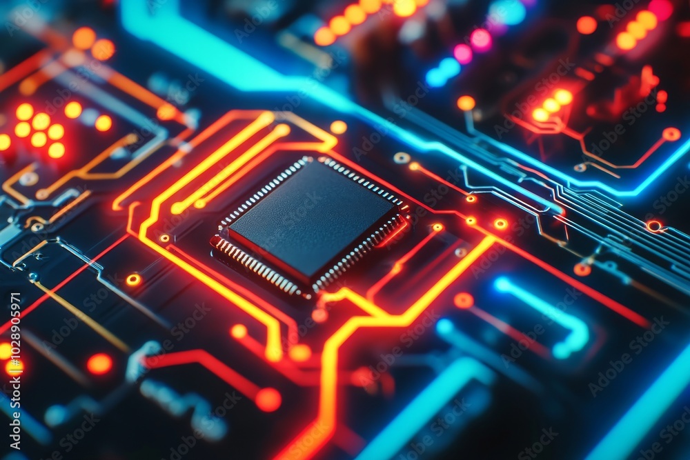 Poster microprocessor circuit board. main central processing unit electronic chip with data signal lane.