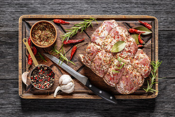 Prepared for roast Raw Pork neck butt, top view