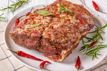 Prepared for roast Raw Pork neck butt, top view