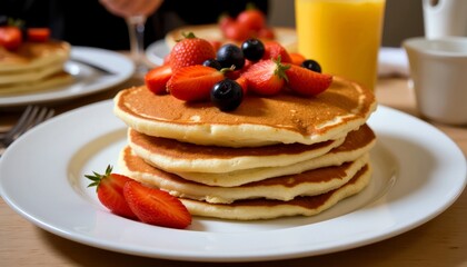 Fluffy pancakes topped with fresh strawberries and blueberries served with orange juice