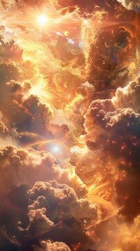 Celestial realm of seraphic beings amidst shimmering clouds and golden light, 4K hyperrealistic photo