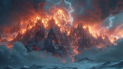 Volcanic Mountain Range with Lightning Storm