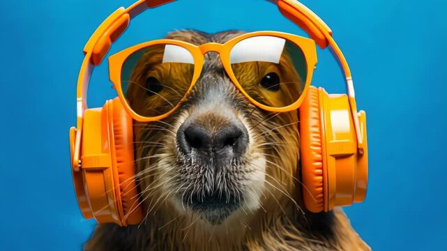Funny dj capybara wearing headphones and sunglasses posing on blue background