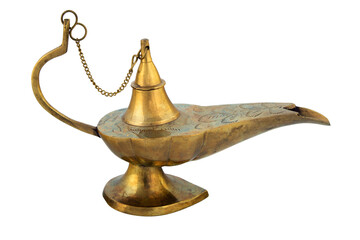 antique brass oil lamp on white background