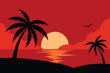 View of beach at sunset with red sky and palm trees in silhouette vector