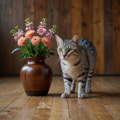 A curious tabby cat with green eyes stands beside a vase of pink and orange flowers on a wooden floor.