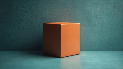 A simple, orange cube stands on a teal surface against a teal wall.