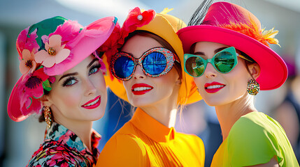Obraz premium Three women in colorful hats and sunglasses, smiling brightly for a photo.