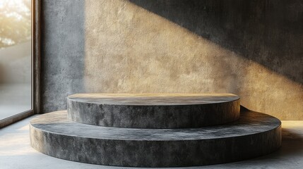 Two circular concrete podiums, one on top of the other, in a room with a large window and a concrete wall with a light beam.