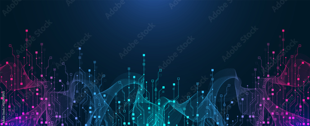 Fototapete Digital technology abstract background with AI circuit board texture. Technology connected blue lines with electronics elements on tech BG. Semiconductor hardware. Cyber engineering.