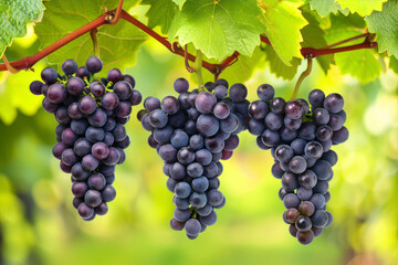 Clusters of Ripe Black Grapes Hanging From Lush Vines in a Sunlit Vineyard