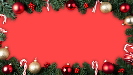 Merry Christmas and happy New Year background with green pine branches, decorations and copy space 