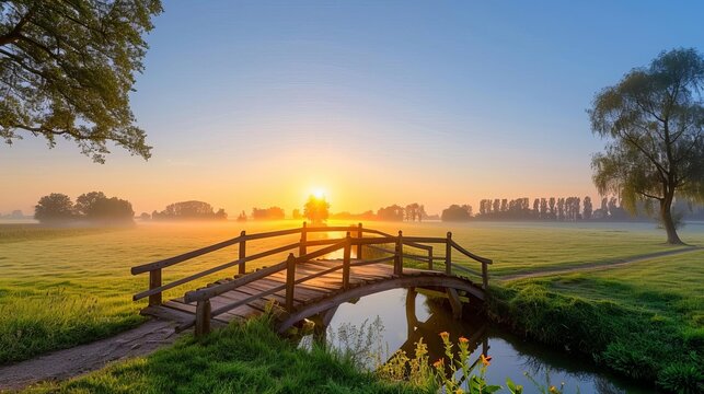 Wooden bridge over a stream in a foggy meadow at sunrise.