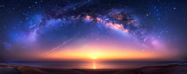 Naklejka premium A stunning panorama of the Milky Way over a calm ocean at sunset. The sky is a canvas of stars, with a vibrant orange sunset horizon.