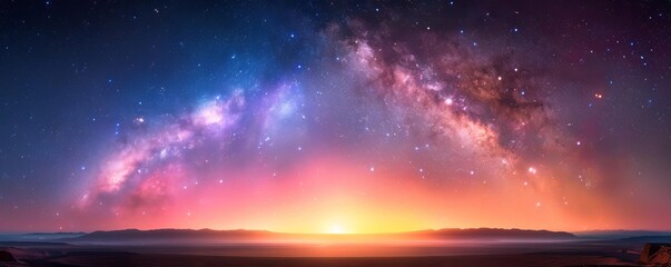 Fototapeta premium Milky Way galaxy over a dramatic sunset landscape.