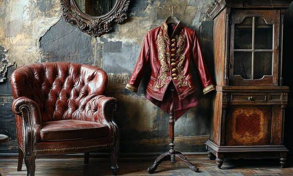 An old leather armchair, a vintage wooden cabinet, and a decorative red jacket on a wooden stand in an antique interior.