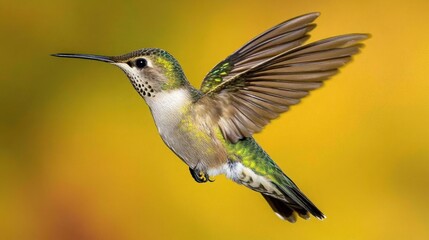 Fototapeta premium A hummingbird in flight against a yellow and green blurred background, its wings spread wide and its beak pointed forward.
