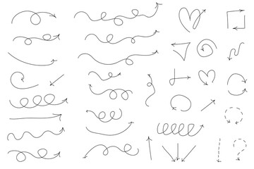 Isolated vector arrows, hand drawn on a white background. Straight, curved, circular, multidirectional arrows
