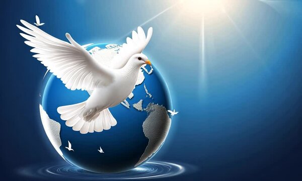 A white dove flies over a blue globe with a halo of doves, symbolizing peace and harmony.