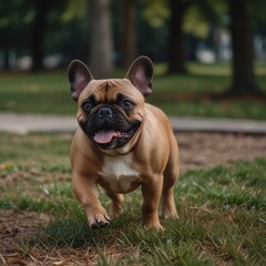 Fototapeta premium A French Bulldog runs towards the camera with its tongue out, looking playful and happy.