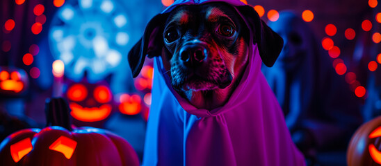 dog dressed a purple costume smiles the camera on a festive halloween night