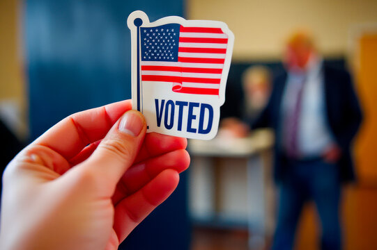 Hand Holding "I Voted" Sticker at Polling Station

