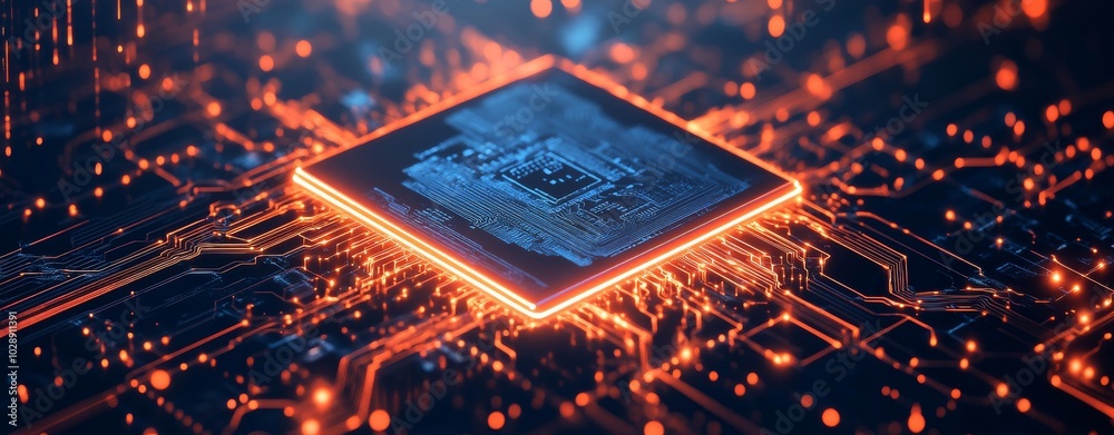 Poster computer support engineer installing the processor, close-up view of electronic circuit board, close