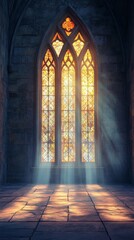 Obraz premium An empty scene featuring a tall, stone chapel window with intricate stained glass designs, glowing with sunlight streaming through, 