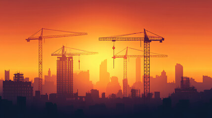 A silhouette of construction cranes against a vibrant sunset skyline over a city.