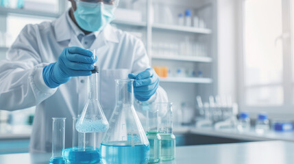 Fototapeta premium scientist in laboratory is conducting chemical experiment, carefully measuring liquids in various glassware. atmosphere is focused and precise, showcasing importance of scientific research