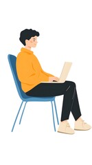 A person sitting on a blue chair with a laptop in their lap, a simple flat vector illustration, on a white background, in a minimalistic style