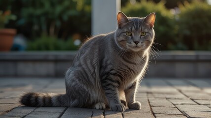 A gray tabby cat with green eyes sits on a brick patio.