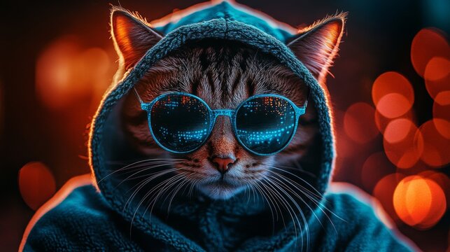 Close-up portrait cat wearing hoodie sunglasses looking directly A hooded hacker