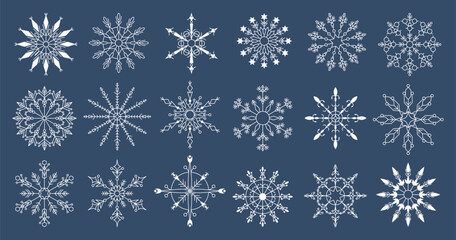 Snowflakes shapes or snow flake icon set. Vector snowy crystals, stickers or isolated objects of ice structure. Frozen water drops. Water freezing. New Year and Christmas decorations or winter symbols