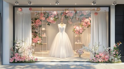 Blank 3D mockup of a bridal shop window showcasing a stunning gown and themed decor.