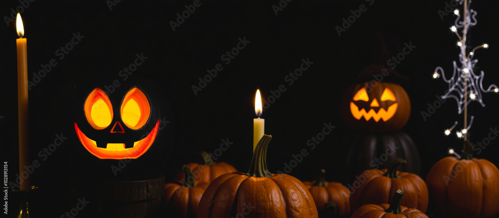 Sticker black pumpkin with a grinning face lit by a candle