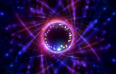 A ring of glowing circles and light streaks against a dark, starry background.