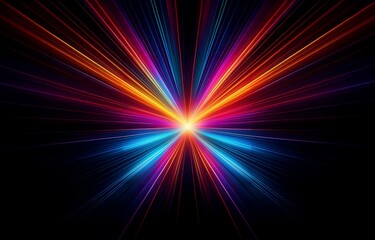 Fototapeta premium Bright, colorful lines radiating outward from a central point, creating a starburst effect against a dark background.