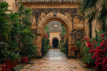 Fototapeta premium Ornate Stone Archway Leading to a Courtyard with Lush Greenery