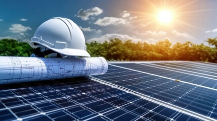 White helmet placed on solar panels with blueprints and graphs in the foreground, outdoor setting, solar engineering, solar project