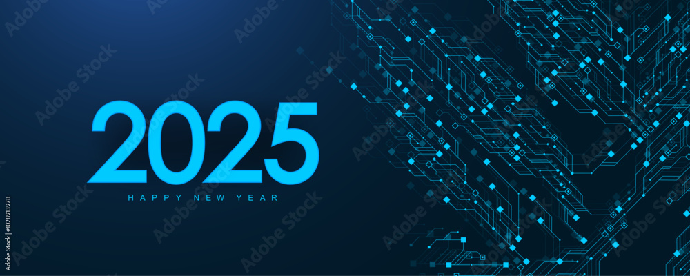 Poster Digital technology abstract poster template 2025 with circuit board texture. Tech digital banner or header 2025 New year